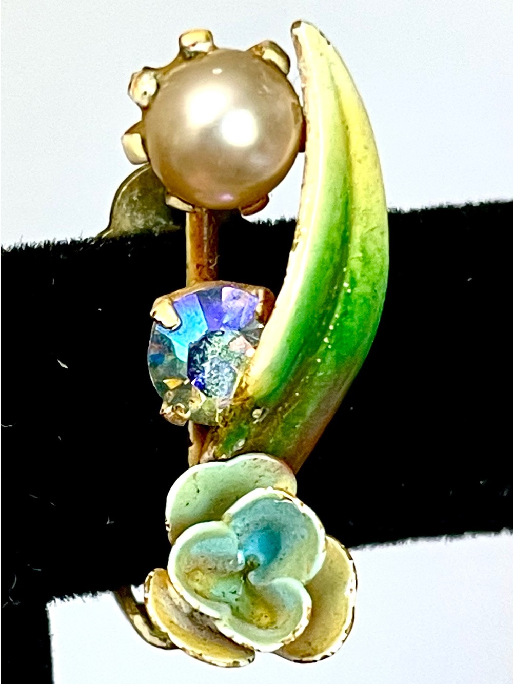 Vintage 1950s Floral Enamel Pearl AB Rhinestone Clip Earrings Hand-Painted MCM - Picture 4 of 9